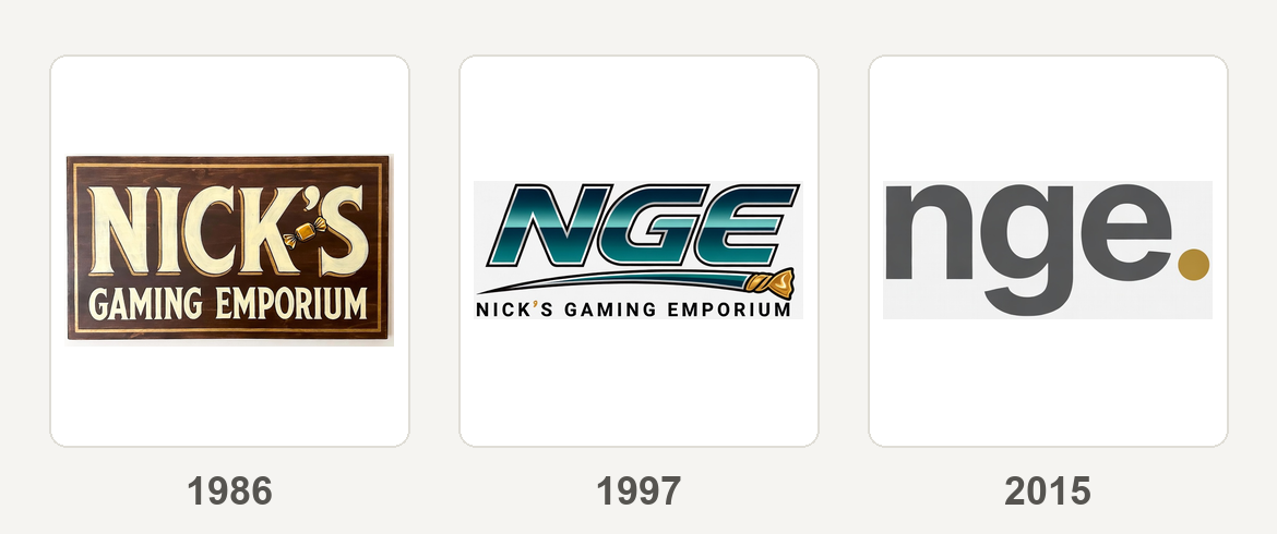 Nick's Gaming Emporium logo through the years: 1986, 1997, 2015